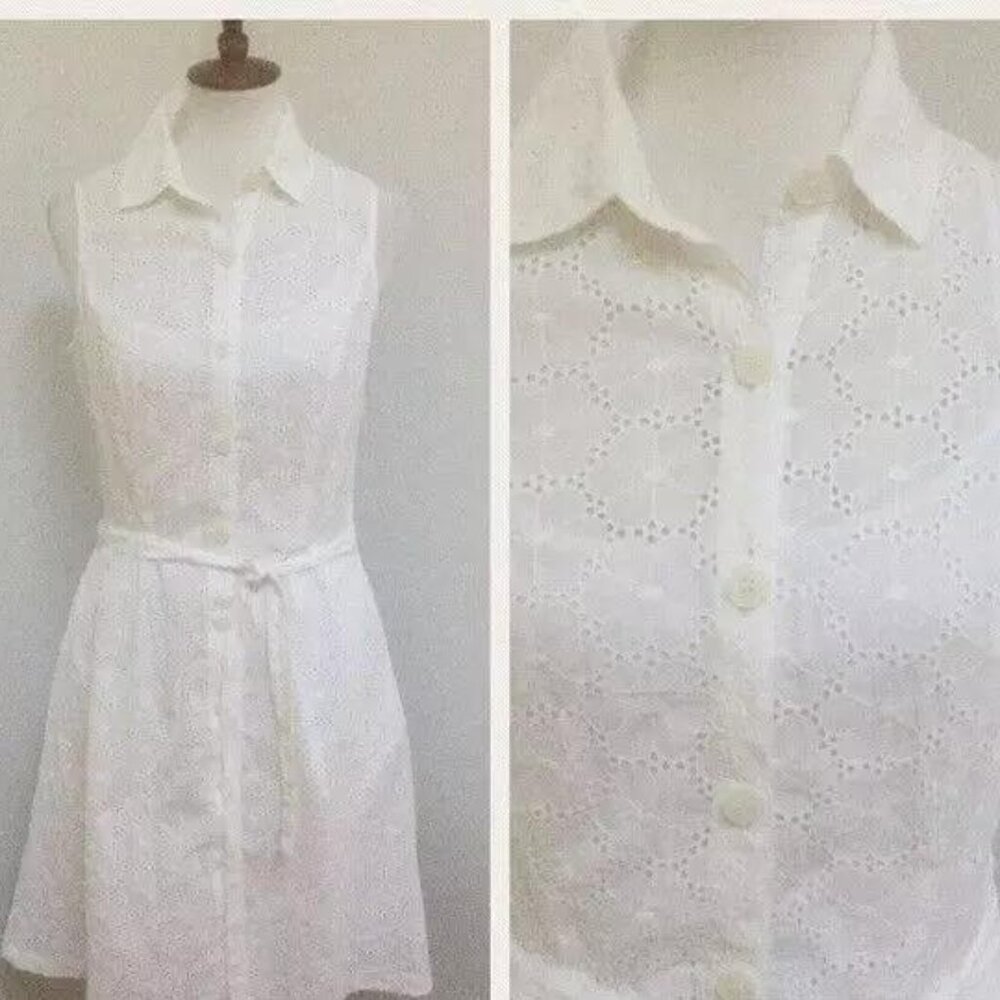 ISAAC MIZRAHI WHITE COTTON EYELET SLEEVELESS DRESS SIZE M